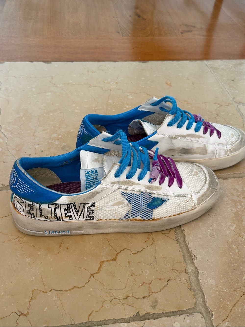 Golden Goose White Sneakers with Blue & Purple Accents